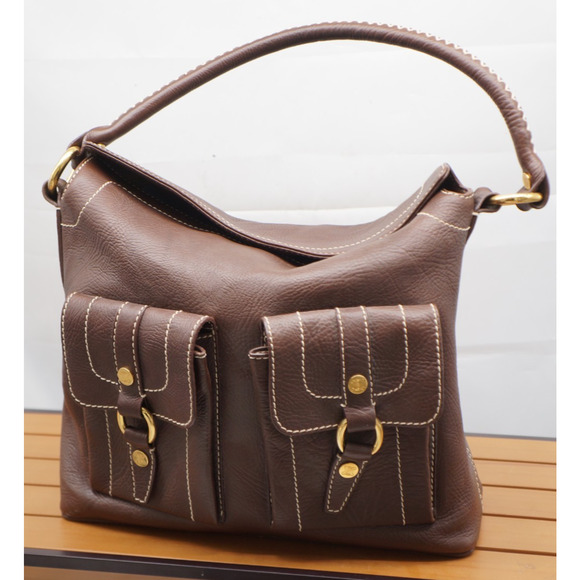 CELINE Vintage Shoulder Bag Brown Leather Gold Triomphe Fold over Handbag - Picture 3 of 13